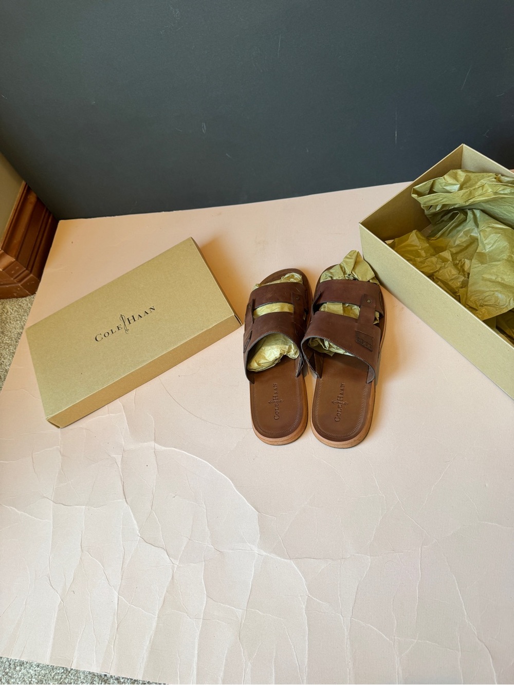 Cole Haan men’s Brown Leather Double-Strap Slide Sandals